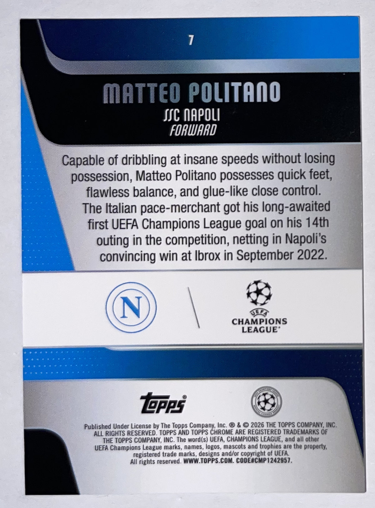 Achterzijde – Matteo Politano [7] – Topps Chrome UEFA Club Competitions 2025/26 – Near Mint