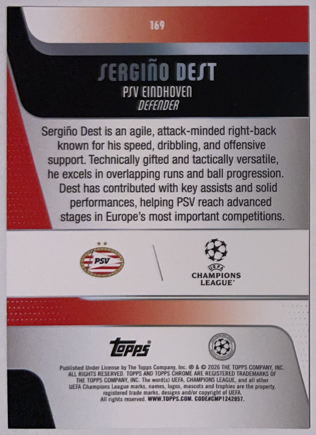 Achterzijde – Sergiño Dest [169] – Topps Chrome UEFA Club Competitions 2025/26 – Near Mint