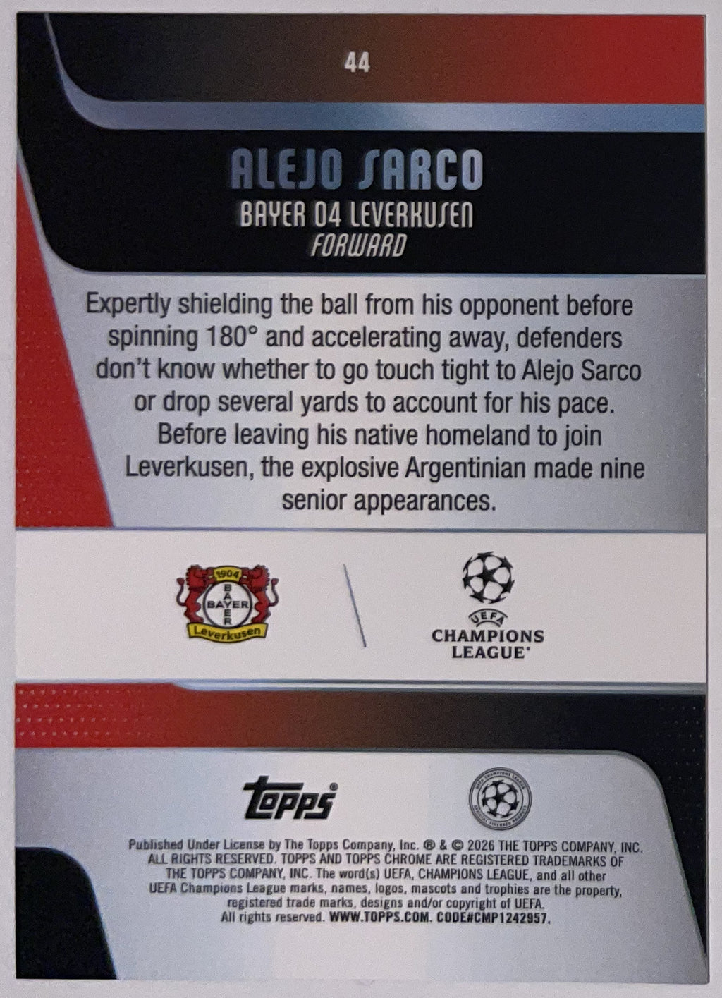 Achterzijde – Alejo Sarco [44] – Topps Chrome UEFA Club Competitions 2025/26 – Near Mint