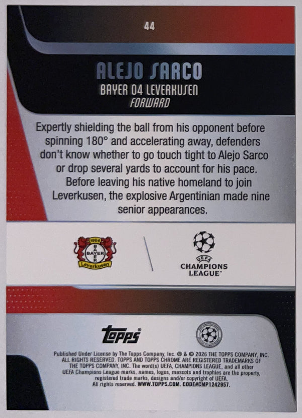 Achterzijde – Alejo Sarco [44] – Topps Chrome UEFA Club Competitions 2025/26 – Near Mint
