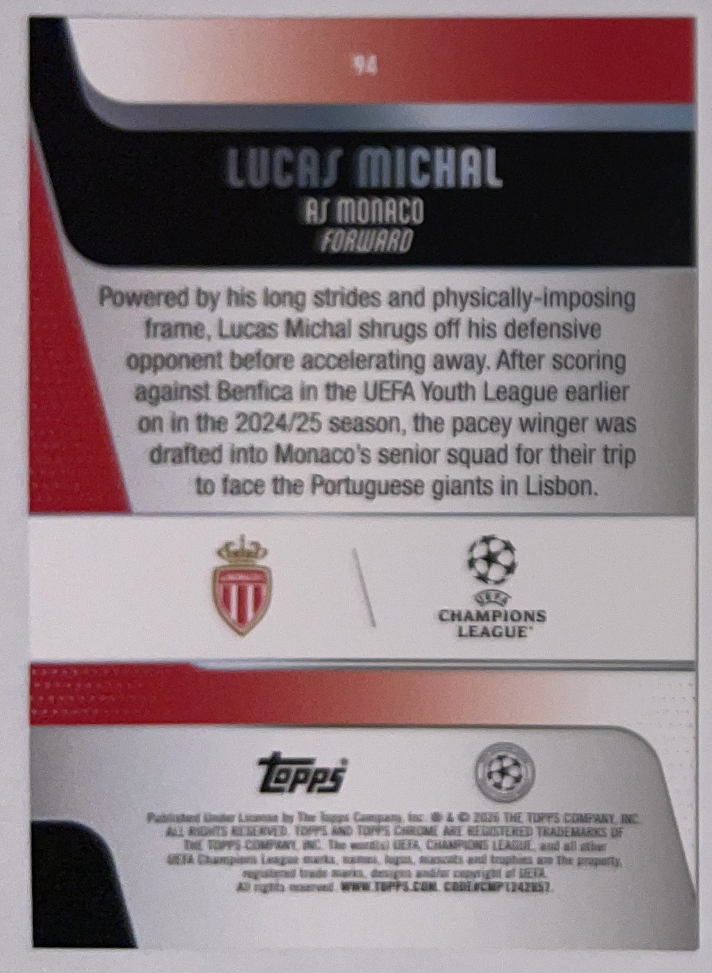 Achterzijde – Lucas Michal [94] – Topps Chrome UEFA Club Competitions 2025/26 – Near Mint