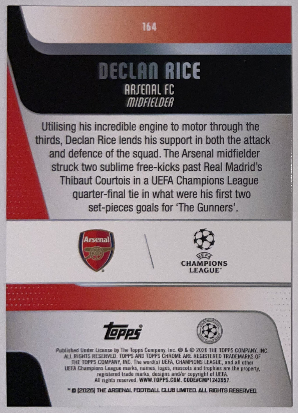 Achterzijde – Declan Rice [164] – Topps Chrome UEFA Club Competitions 2025/26 – Near Mint