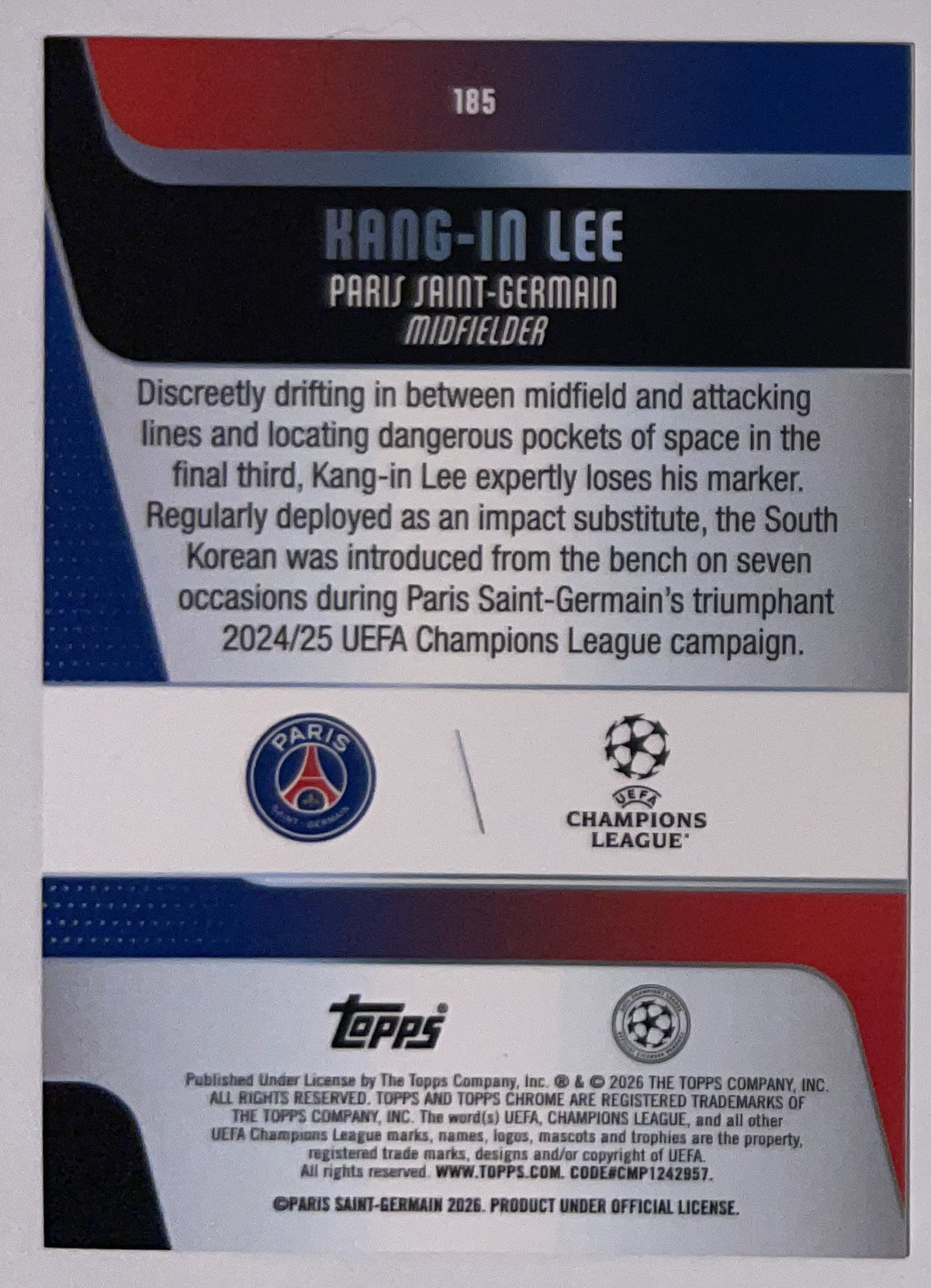 Achterzijde – Kang-in Lee [185] – Topps Chrome UEFA Club Competitions 2025/26 – Near Mint