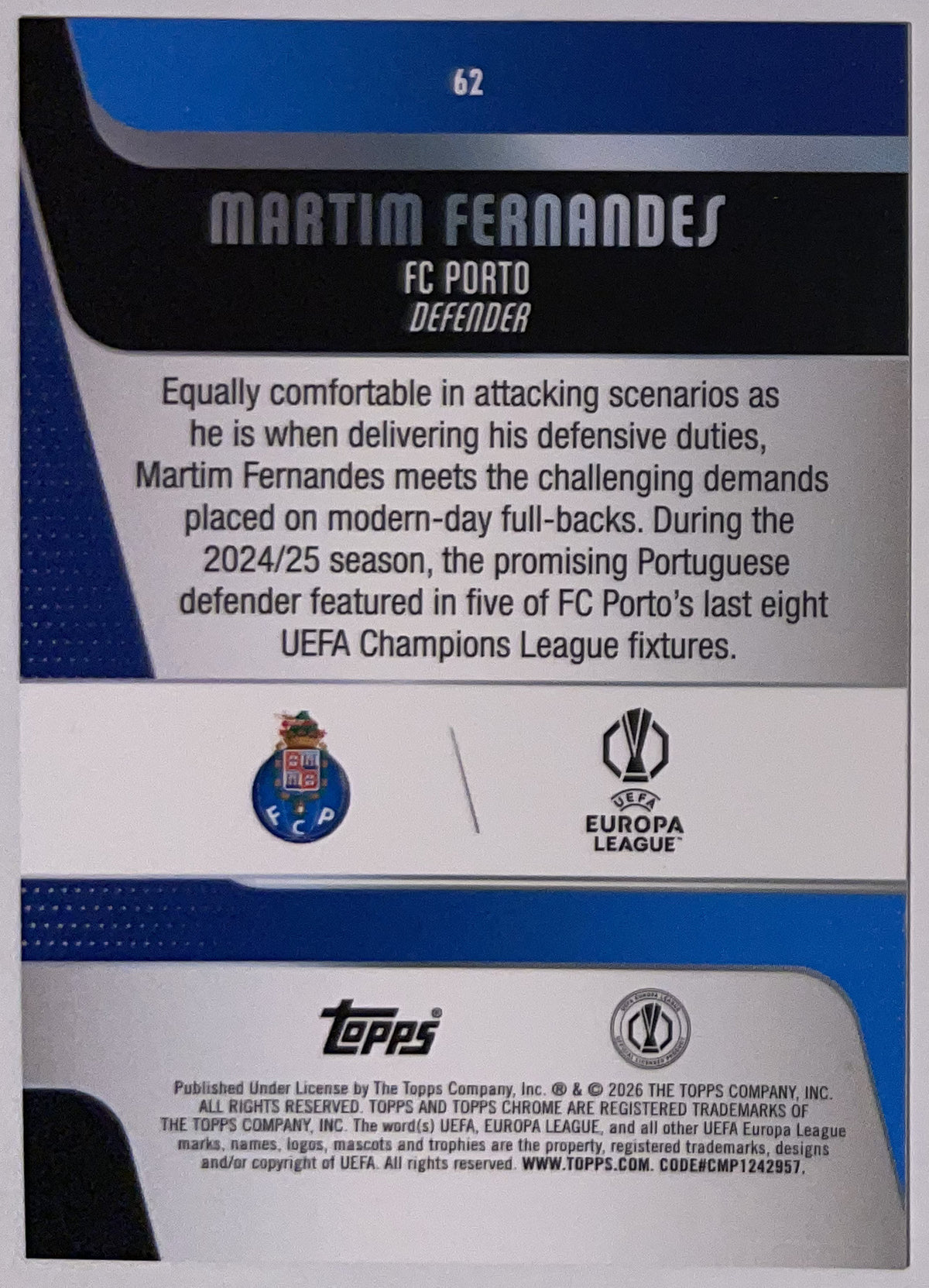Achterzijde – Martim Fernandes [62] – Topps Chrome UEFA Club Competitions 2025/26 – Near Mint