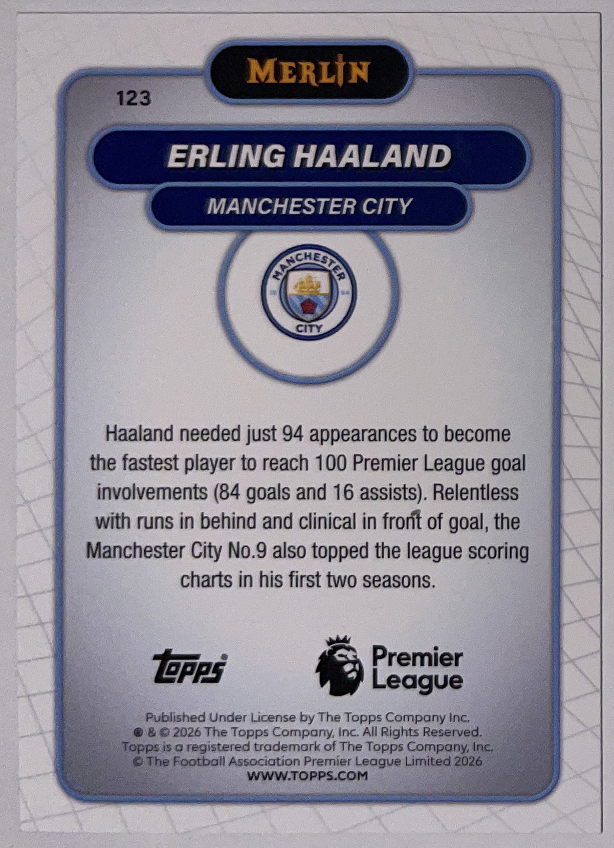 Achterzijde – Erling Haaland [123] – Topps Merlin Premier League 2025/26 – Near Mint