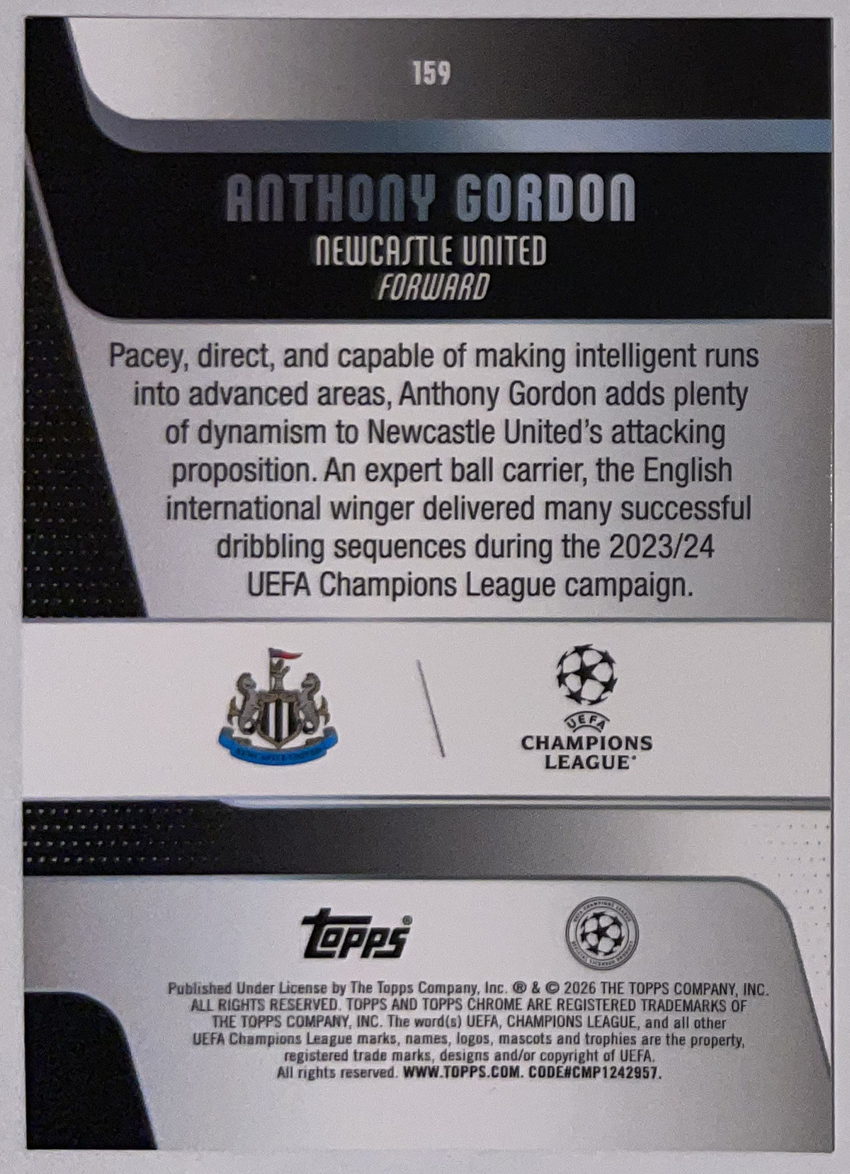 Achterzijde – Anthony Gordon [159] – Topps Chrome UEFA Club Competitions 2025/26 – Near Mint