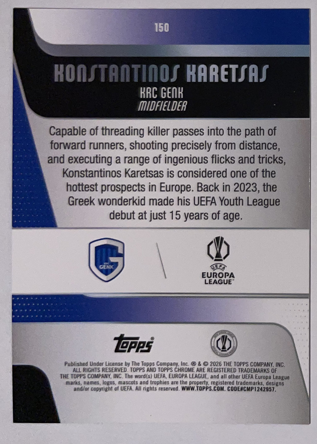 Achterzijde – Konstantinos Karetsas [150] – Topps Chrome UEFA Club Competitions 2025/26 – Near Mint