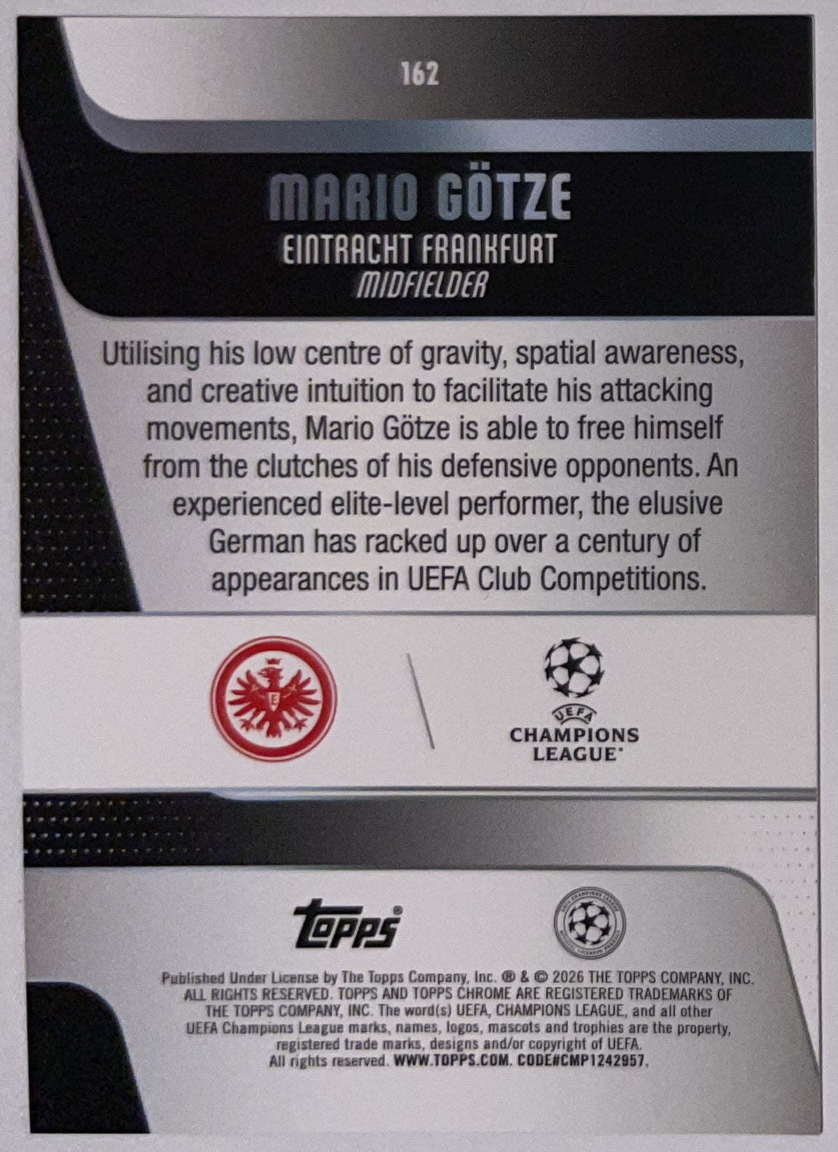 Achterzijde – Mario Götze [162] – Topps Chrome UEFA Club Competitions 2025/26 – Near Mint