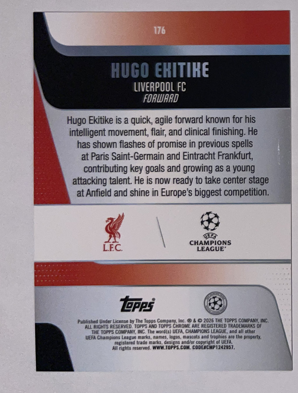 Achterzijde – Hugo Ekitike [176] – Topps Chrome UEFA Club Competitions 2025/26 – Near Mint