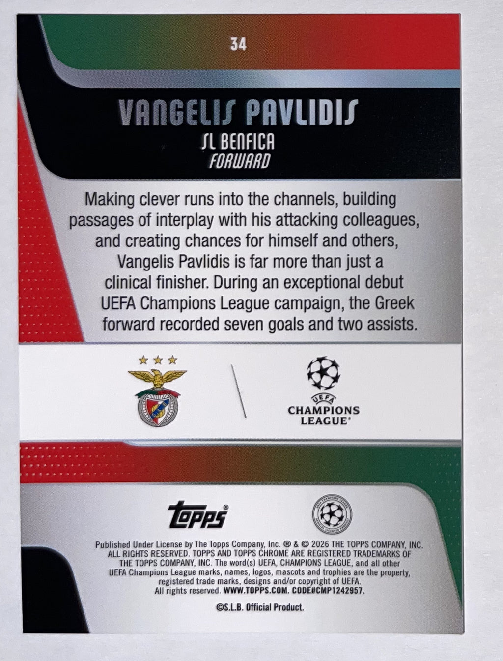 Achterzijde – Vangelis Pavlidis [34] – Topps Chrome UEFA Club Competitions 2025/26 – Near Mint