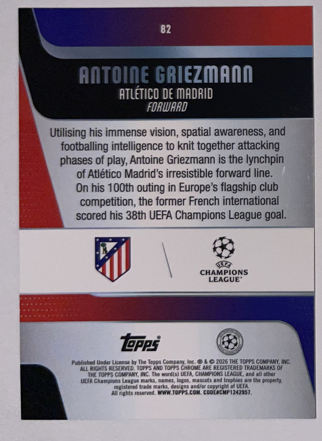 Achterzijde – Antoine Griezmann [82] – Topps Chrome UEFA Club Competitions 2025/26 – Near Mint