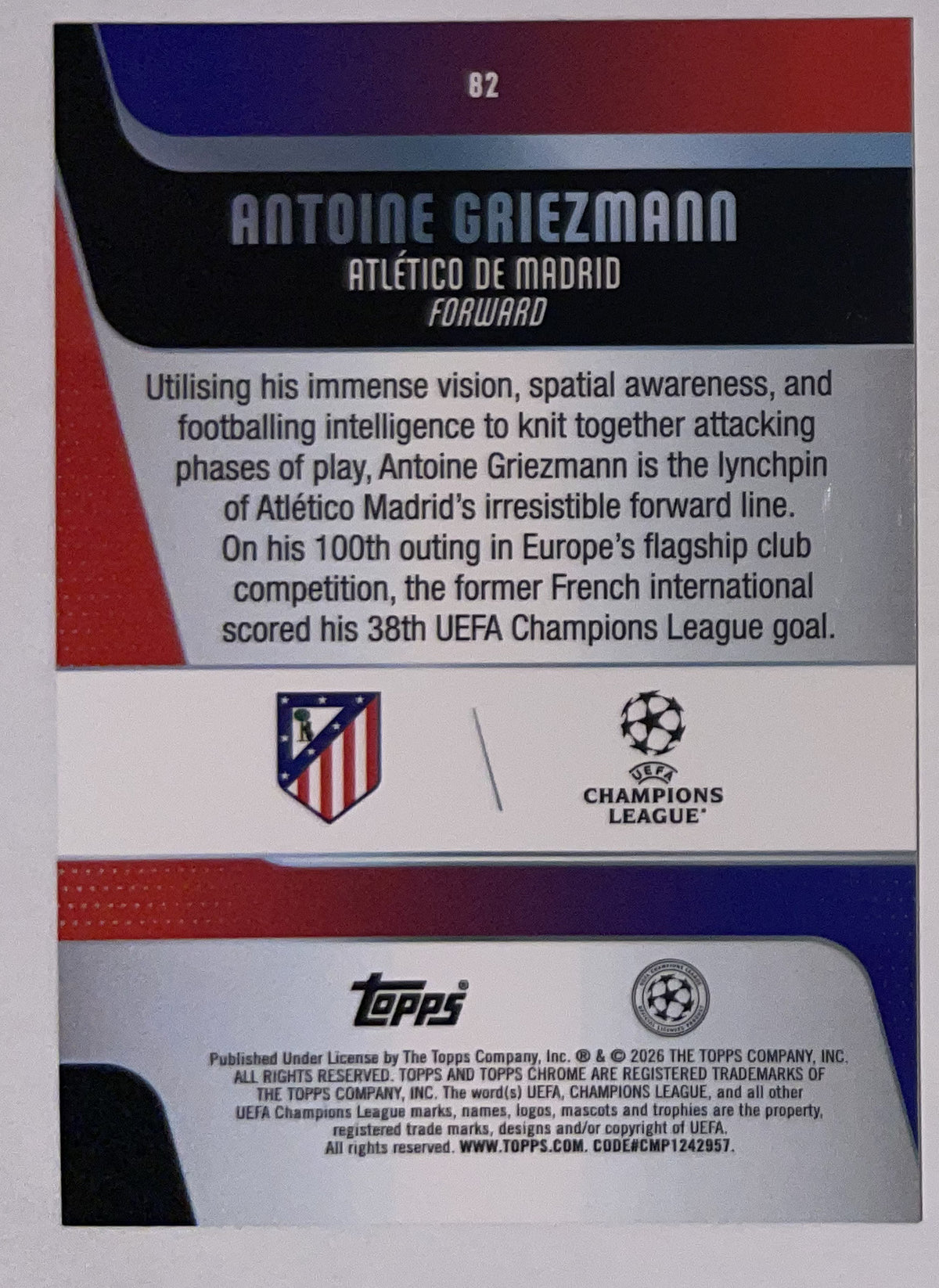 Achterzijde – Antoine Griezmann [82] – Topps Chrome UEFA Club Competitions 2025/26 – Near Mint