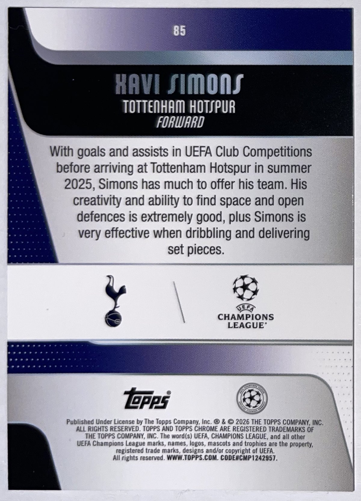 Achterzijde – Xavi Simons [85] – Topps Chrome UEFA Club Competitions 2025/26 – Near Mint
