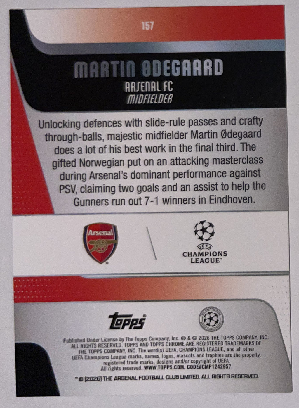 Achterzijde – Martin Ødegaard [157] – Topps Chrome UEFA Club Competitions 2025/26 – Near Mint
