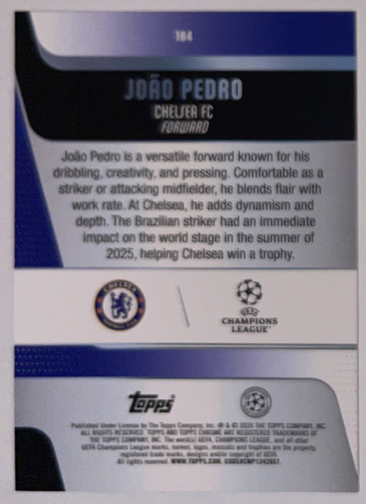 Achterzijde – João Pedro [184] – Topps Chrome UEFA Club Competitions 2025/26 – Near Mint