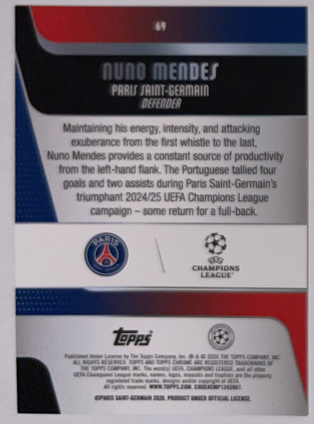 Achterzijde – Nuno Mendes [69] – Topps Chrome UEFA Club Competitions 2025/26 – Near Mint