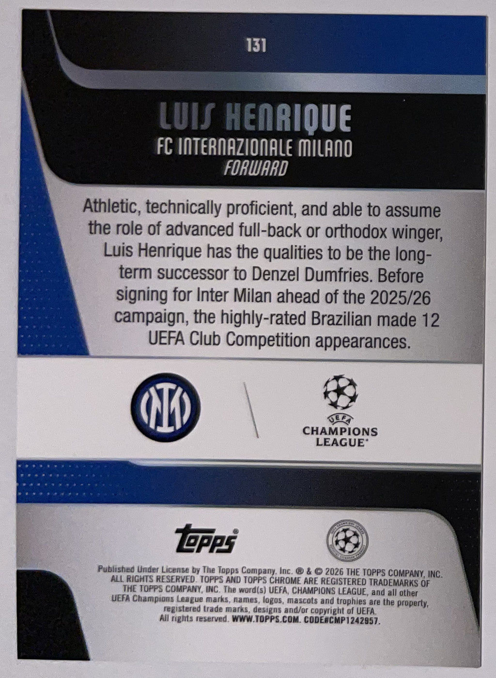 Achterzijde – Luis Henrique [131] – Topps Chrome UEFA Club Competitions 2025/26 – Near Mint