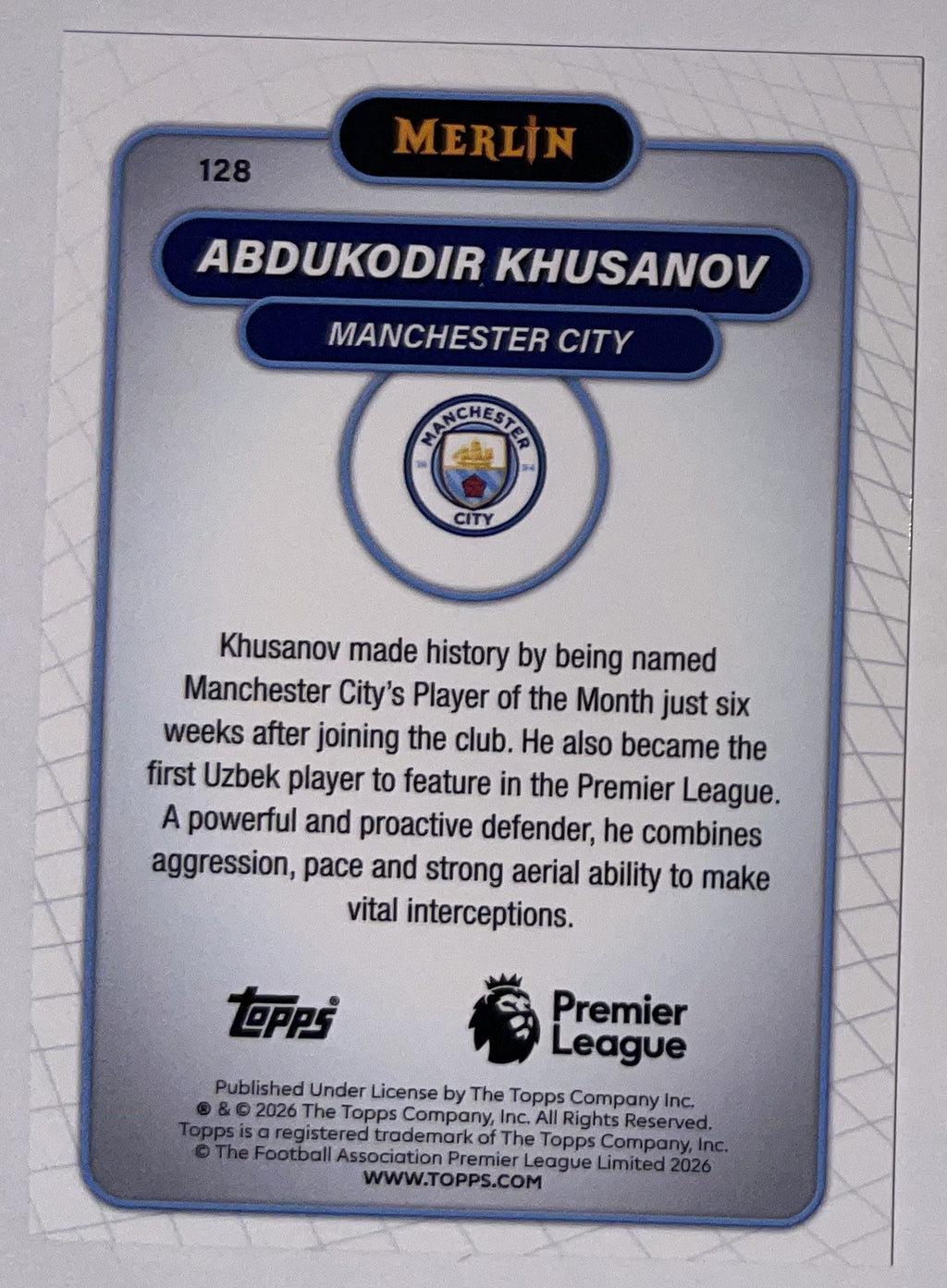 Achterzijde – Abdukodir Khusanov [128] – Topps Merlin Premier League 2025/26 – Near Mint
