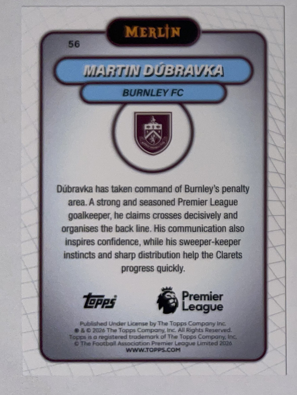 Achterzijde – Martin Dúbravka [56] – Topps Merlin Premier League 2025/26 – Near Mint