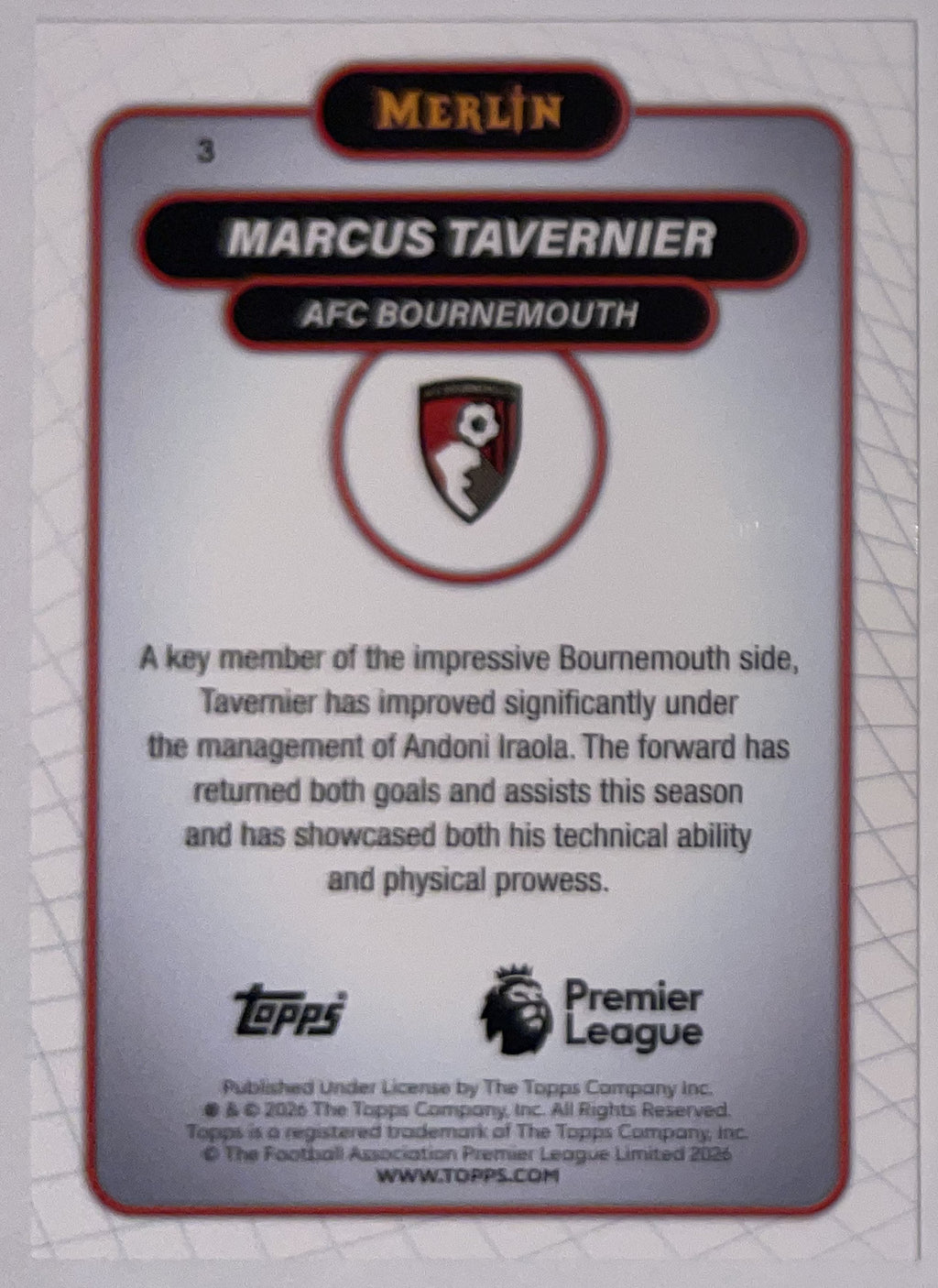 Achterzijde – Marcus Tavernier [3] – Topps Merlin Premier League 2025/26 – Near Mint