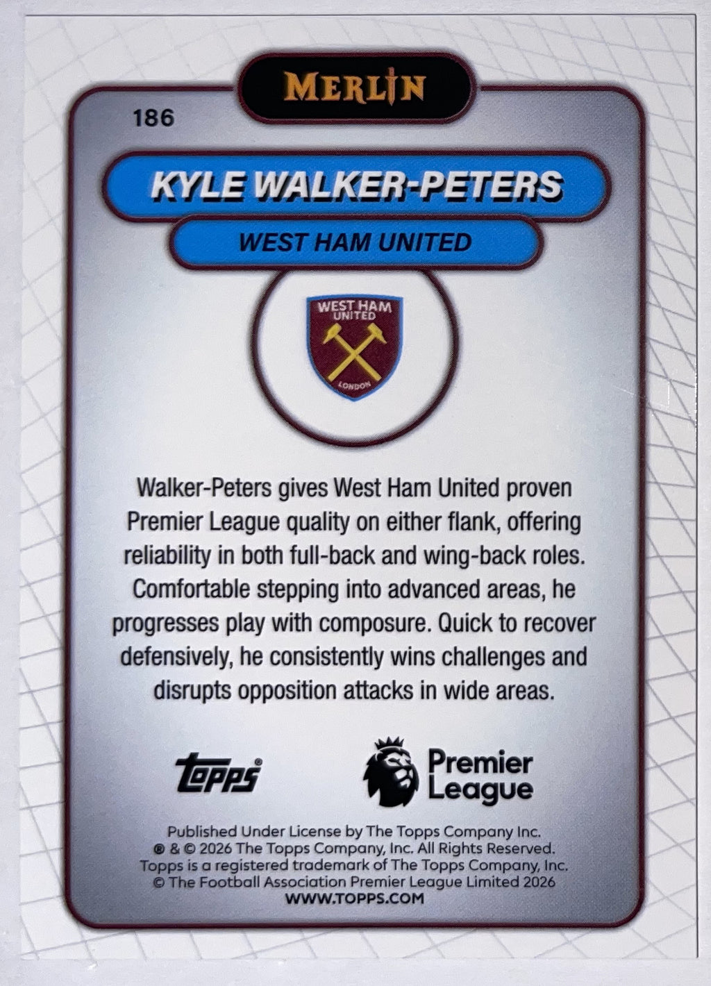 Achterzijde – Kyle Walker-Peters [186] – Topps Merlin Premier League 2025/26 – Near Mint