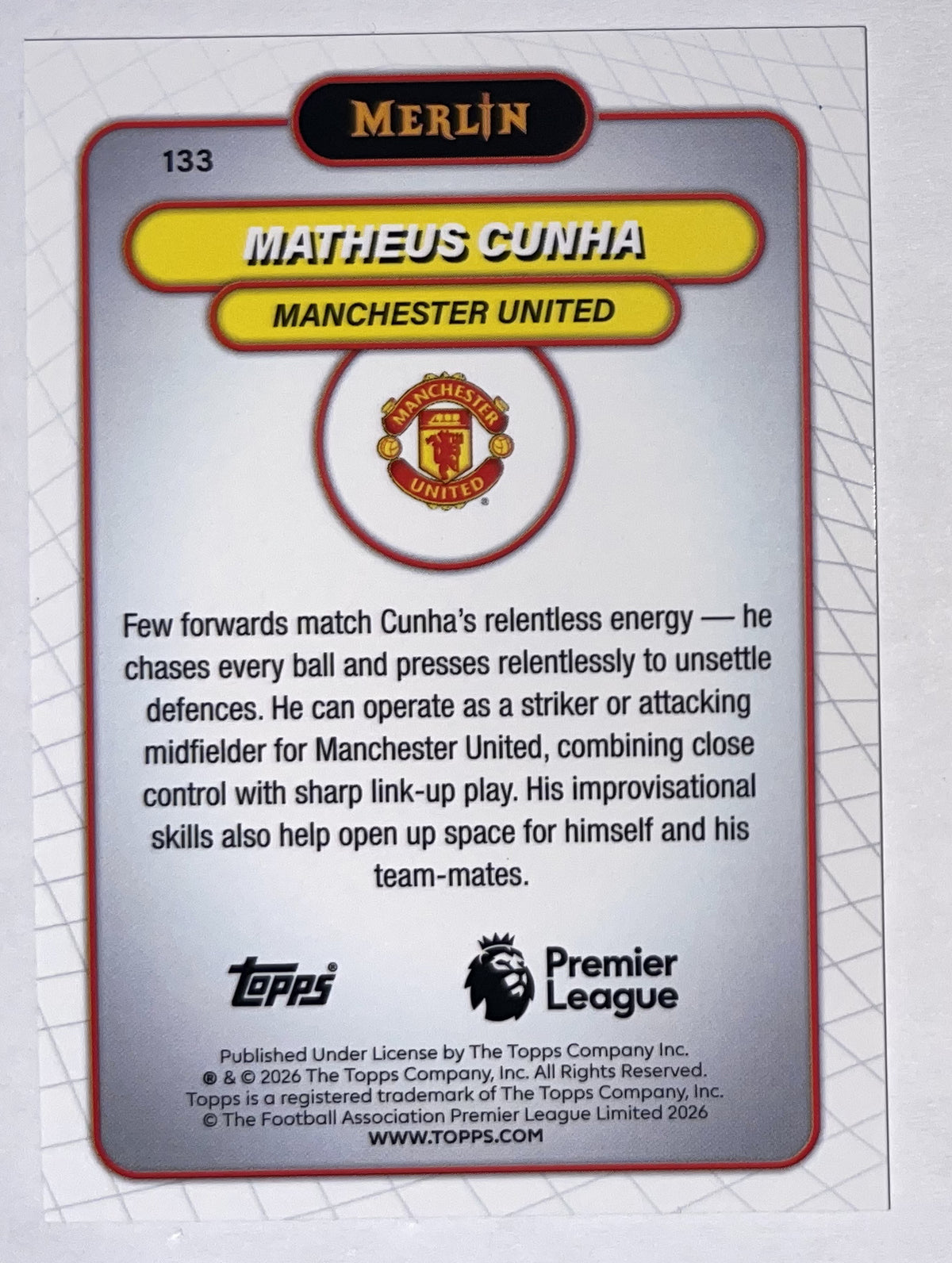 Achterzijde – Matheus Cunha [133] – Topps Merlin Premier League 2025/26 – Near Mint