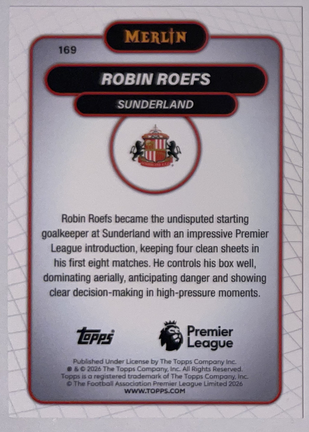 Achterzijde – Robin Roefs [169] – Topps Merlin Premier League 2025/26 – Near Mint