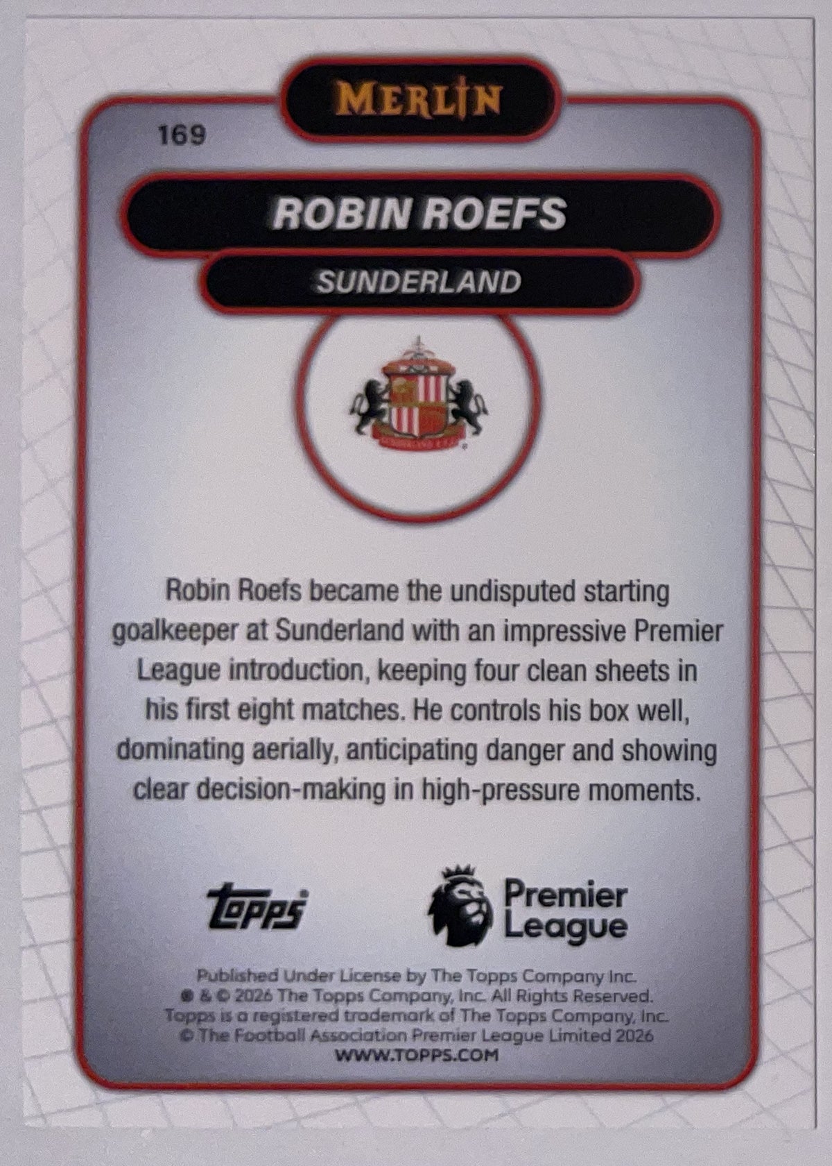 Achterzijde – Robin Roefs [169] – Topps Merlin Premier League 2025/26 – Near Mint