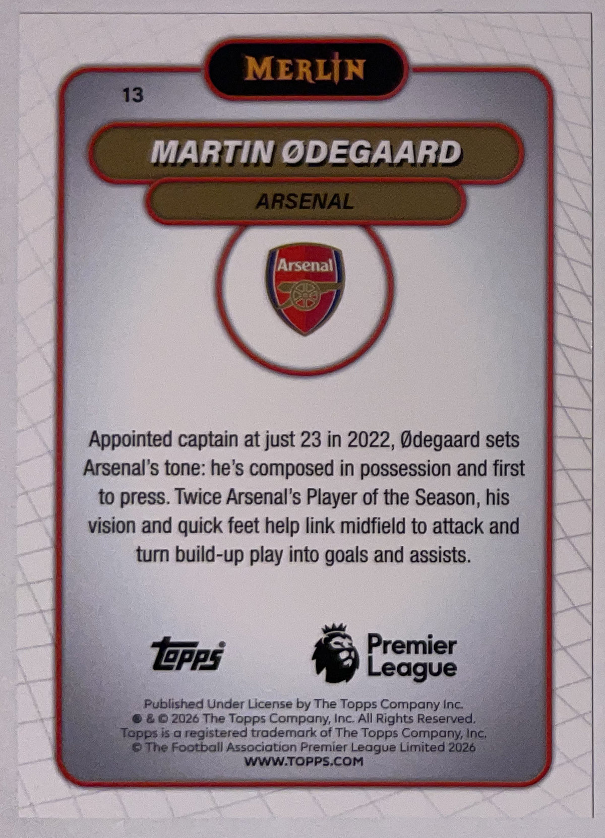 Achterzijde – Martin Ødegaard [13] – Topps Merlin Premier League 2025/26 – Near Mint