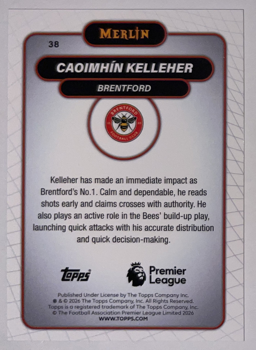 Achterzijde – Caoimhín Kelleher [38] – Topps Merlin Premier League 2025/26 – Near Mint