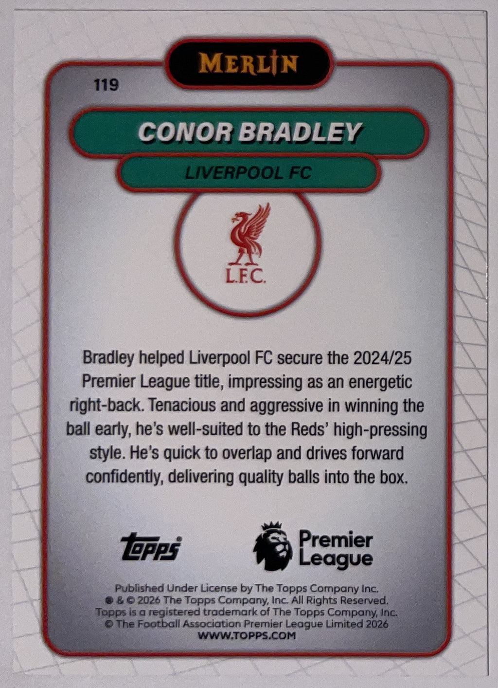 Achterzijde – Conor Bradley [119] – Topps Merlin Premier League 2025/26 – Near Mint