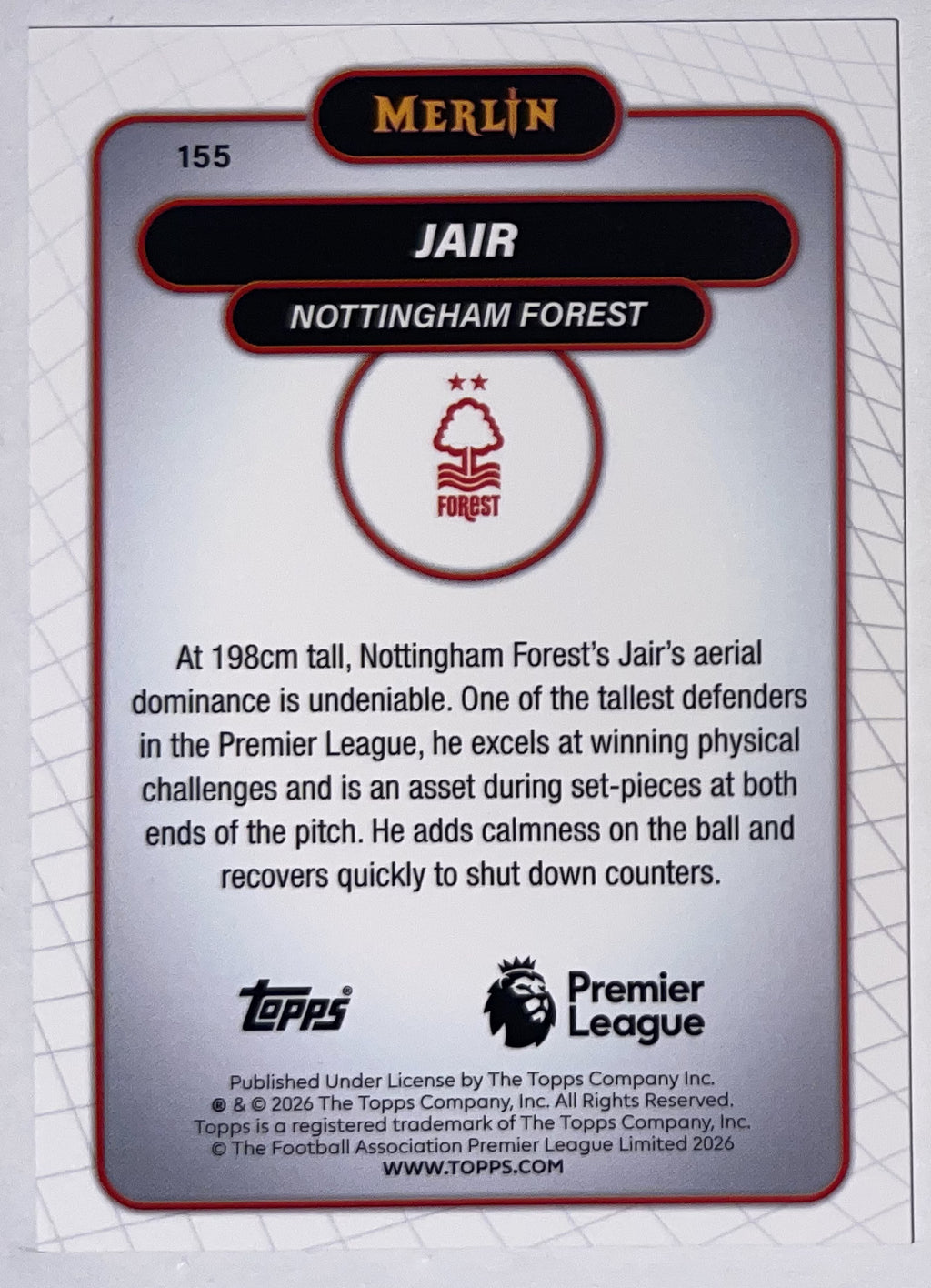 Achterzijde – Jair [155] – Topps Merlin Premier League 2025/26 – Near Mint