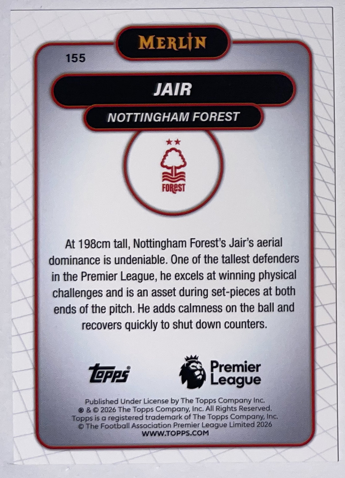 Achterzijde – Jair [155] – Topps Merlin Premier League 2025/26 – Near Mint
