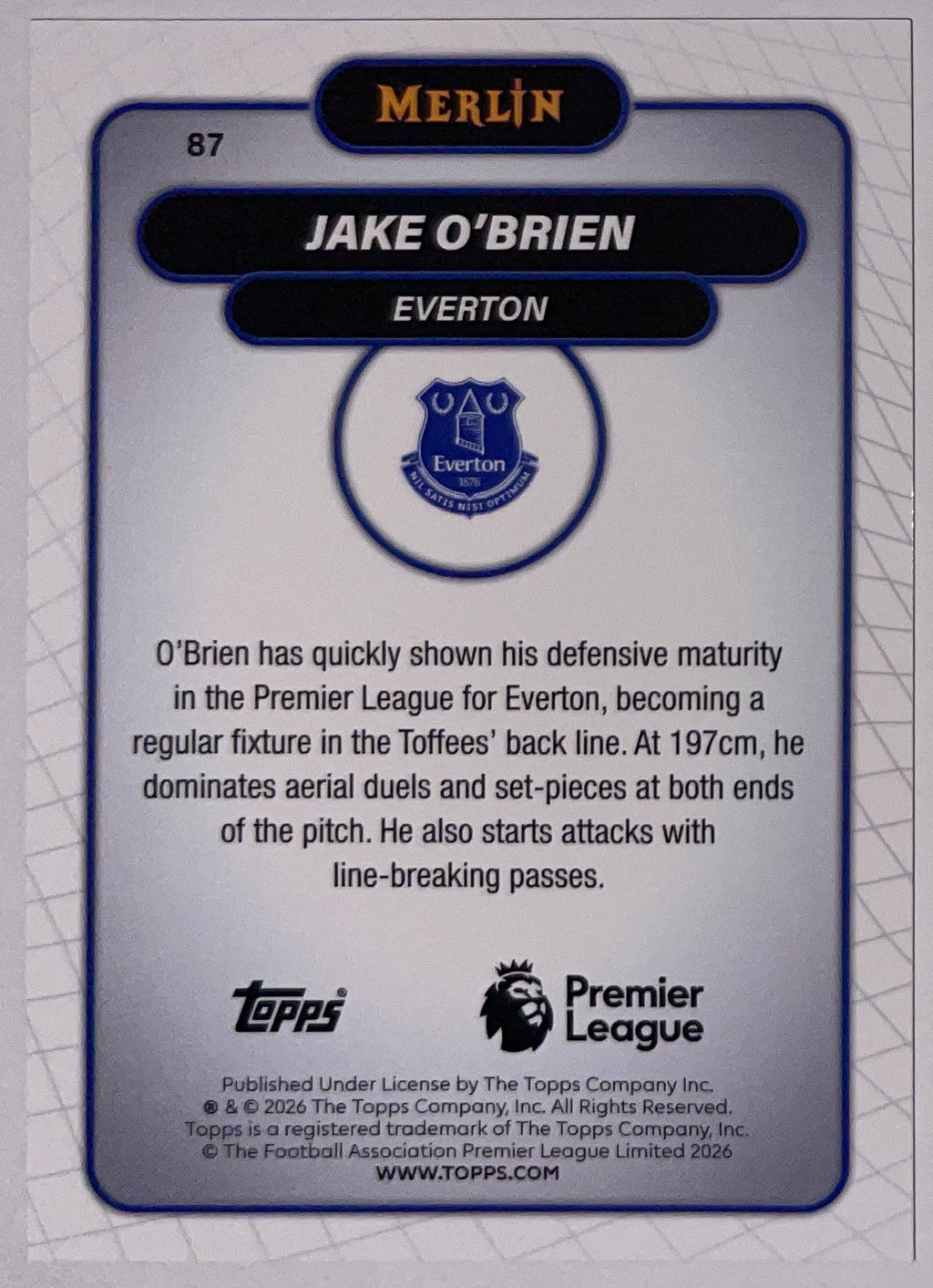 Achterzijde – Jake O'Brien [87] – Topps Merlin Premier League 2025/26 – Near Mint