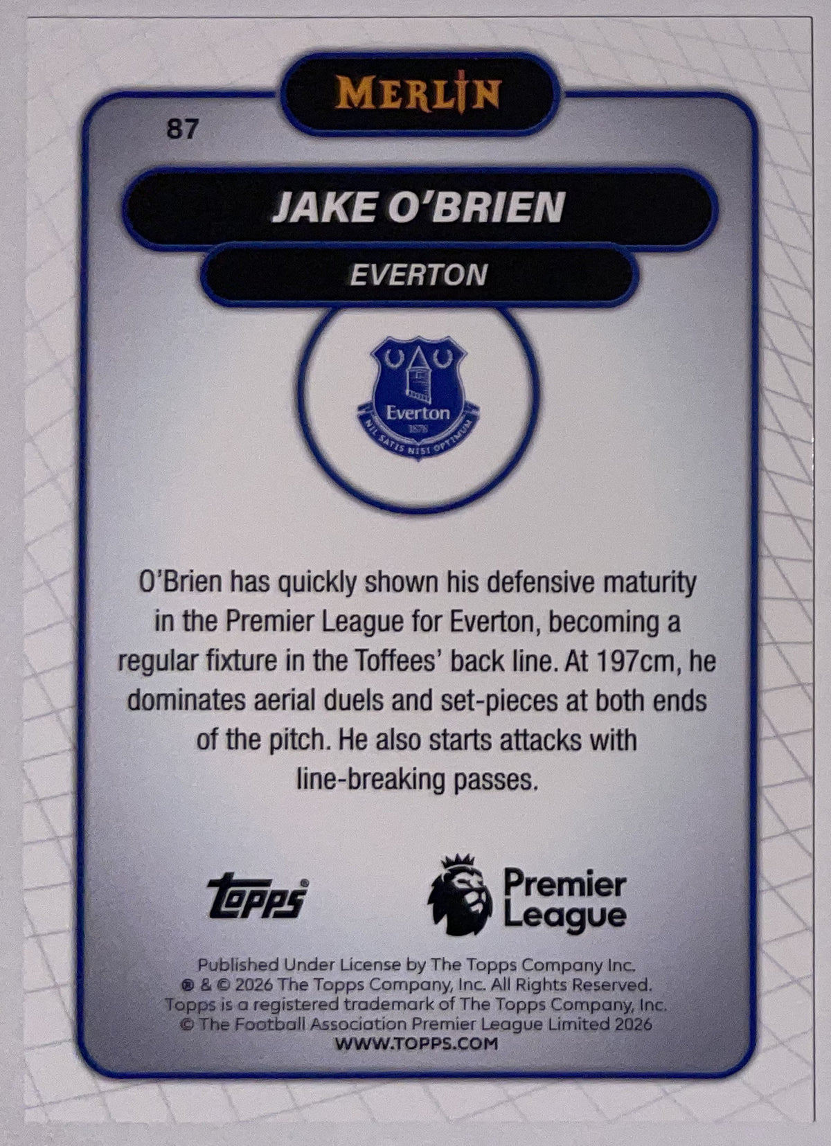 Achterzijde – Jake O'Brien [87] – Topps Merlin Premier League 2025/26 – Near Mint