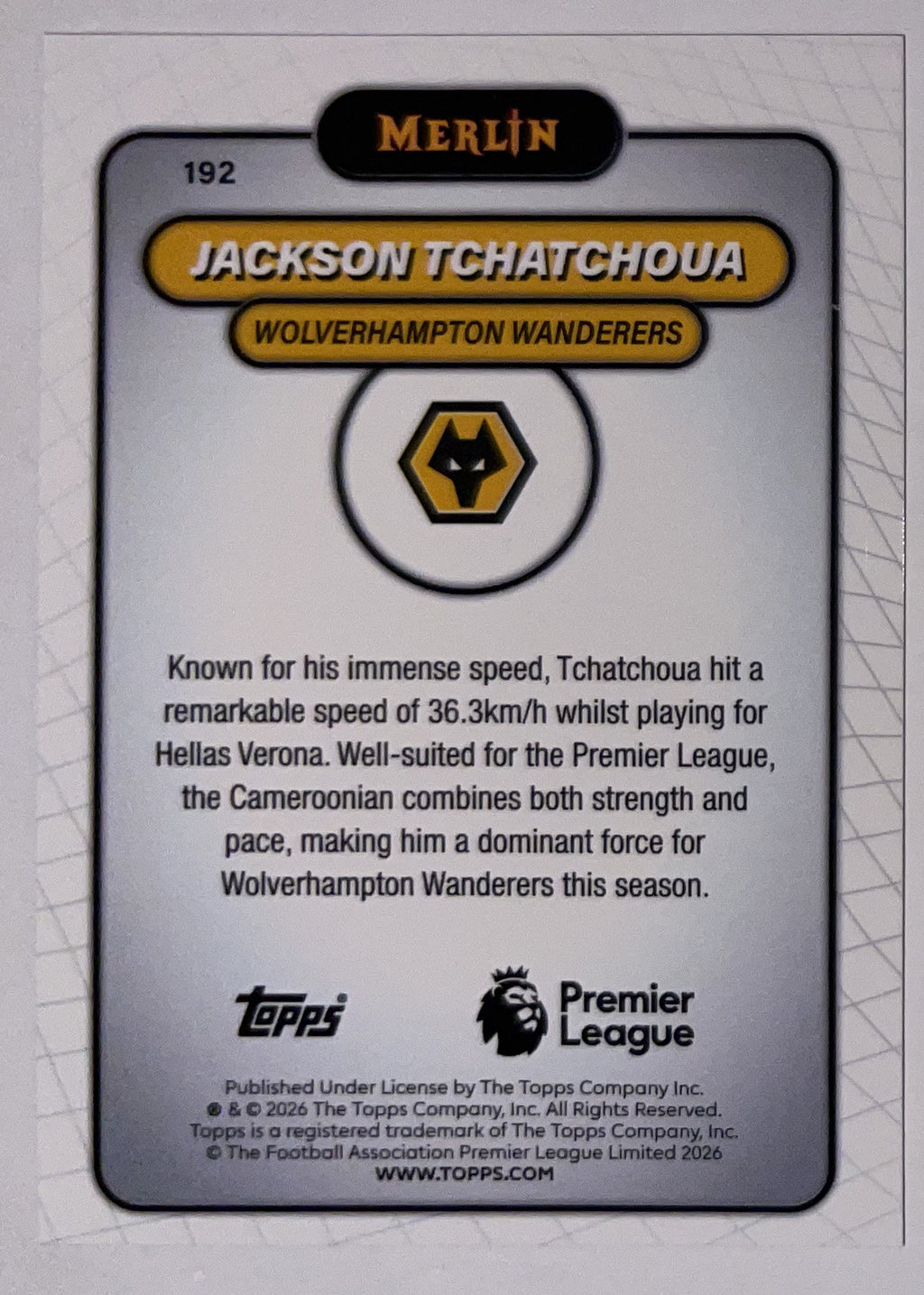 Achterzijde – Jackson Tchatchoua [192] – Topps Merlin Premier League 2025/26 – Near Mint