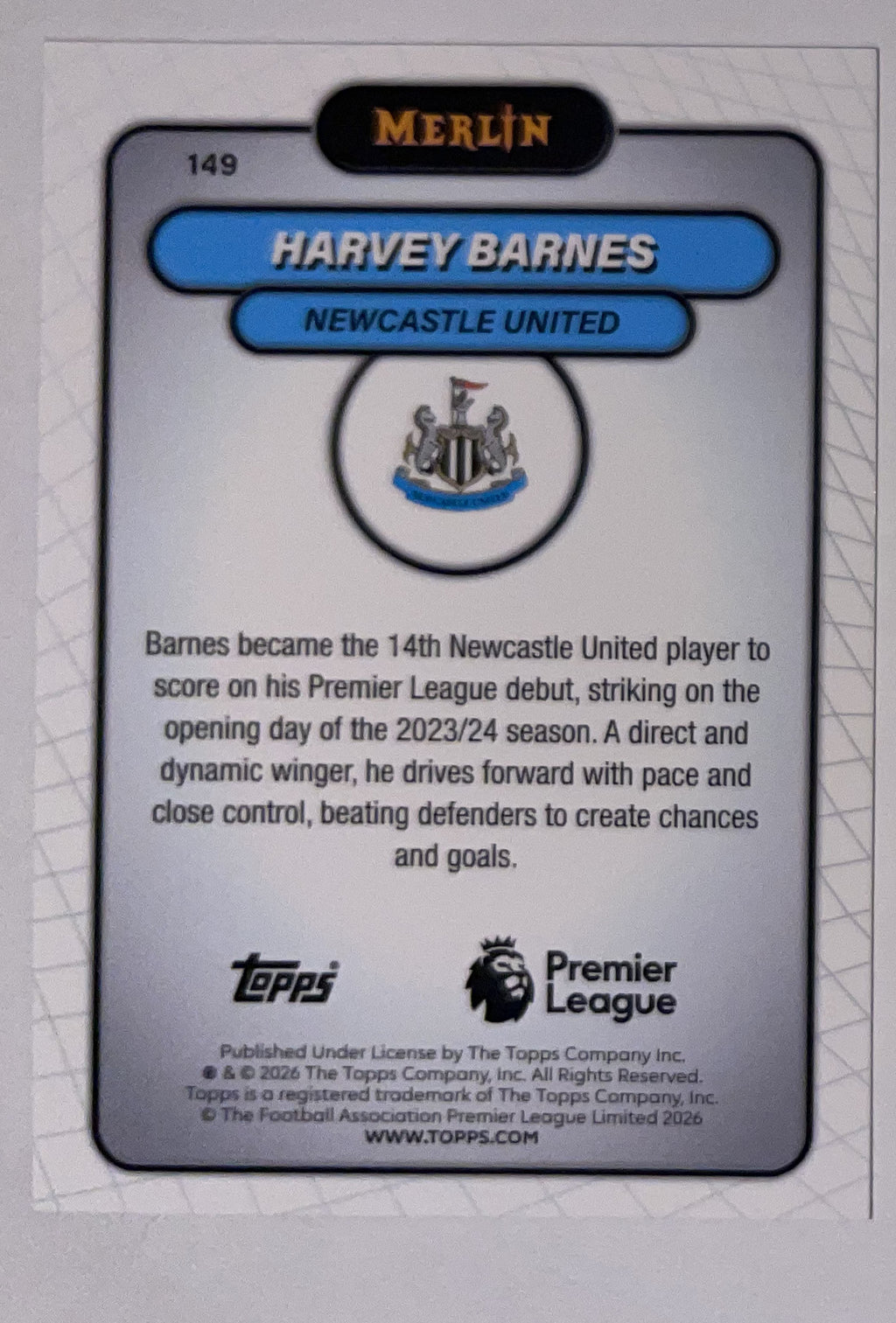 Achterzijde – Harvey Barnes [149] – Topps Merlin Premier League 2025/26 – Near Mint