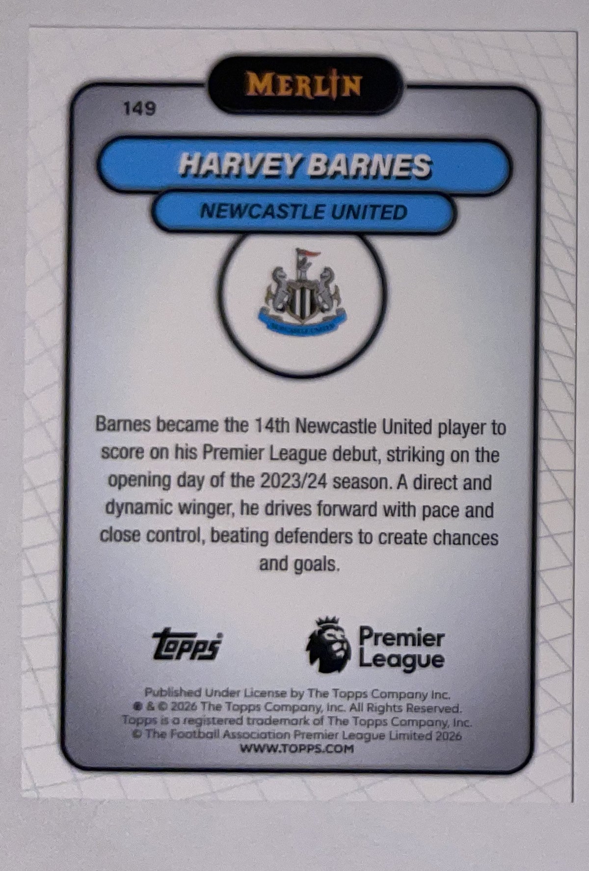 Achterzijde – Harvey Barnes [149] – Topps Merlin Premier League 2025/26 – Near Mint