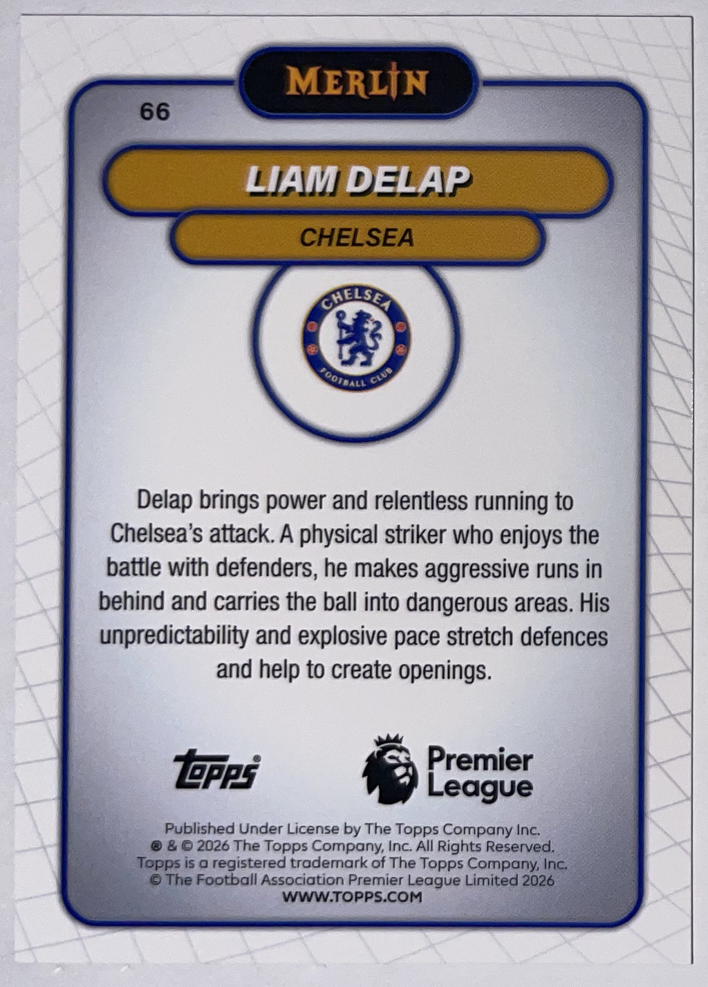 Achterzijde – Liam Delap [66] – Topps Merlin Premier League 2025/26 – Near Mint