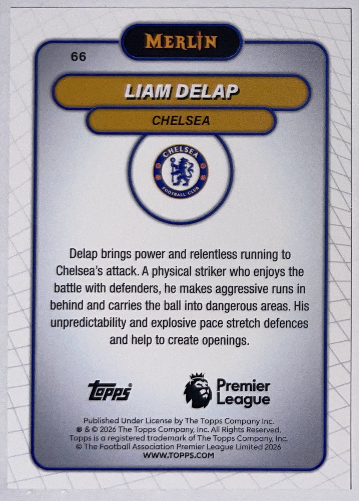 Achterzijde – Liam Delap [66] – Topps Merlin Premier League 2025/26 – Near Mint