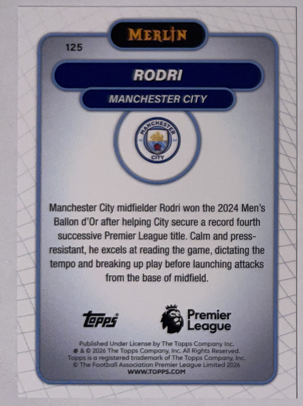 Achterzijde – Rodri [125] – Topps Merlin Premier League 2025/26 – Near Mint