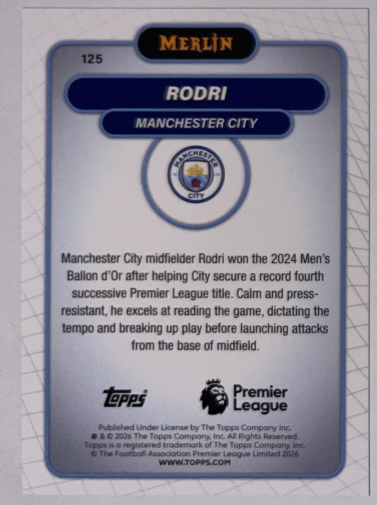 Achterzijde – Rodri [125] – Topps Merlin Premier League 2025/26 – Near Mint