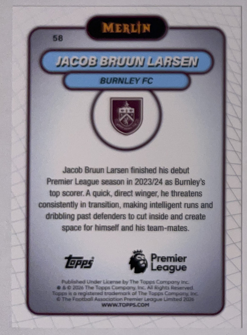 Achterzijde – Jacob Bruun Larsen [58] – Topps Merlin Premier League 2025/26 – Near Mint