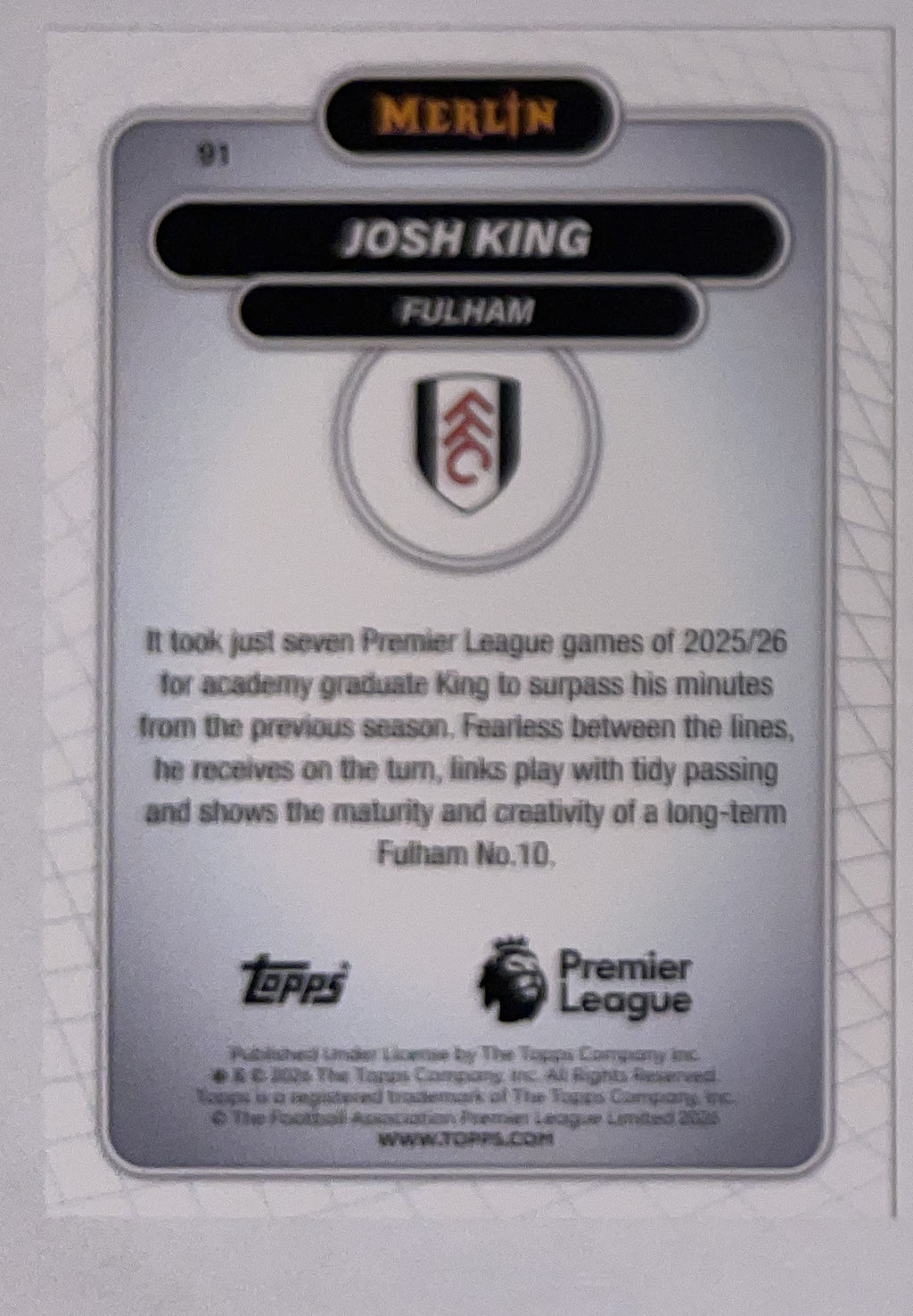 Achterzijde – Josh King [91] – Topps Merlin Premier League 2025/26 – Near Mint