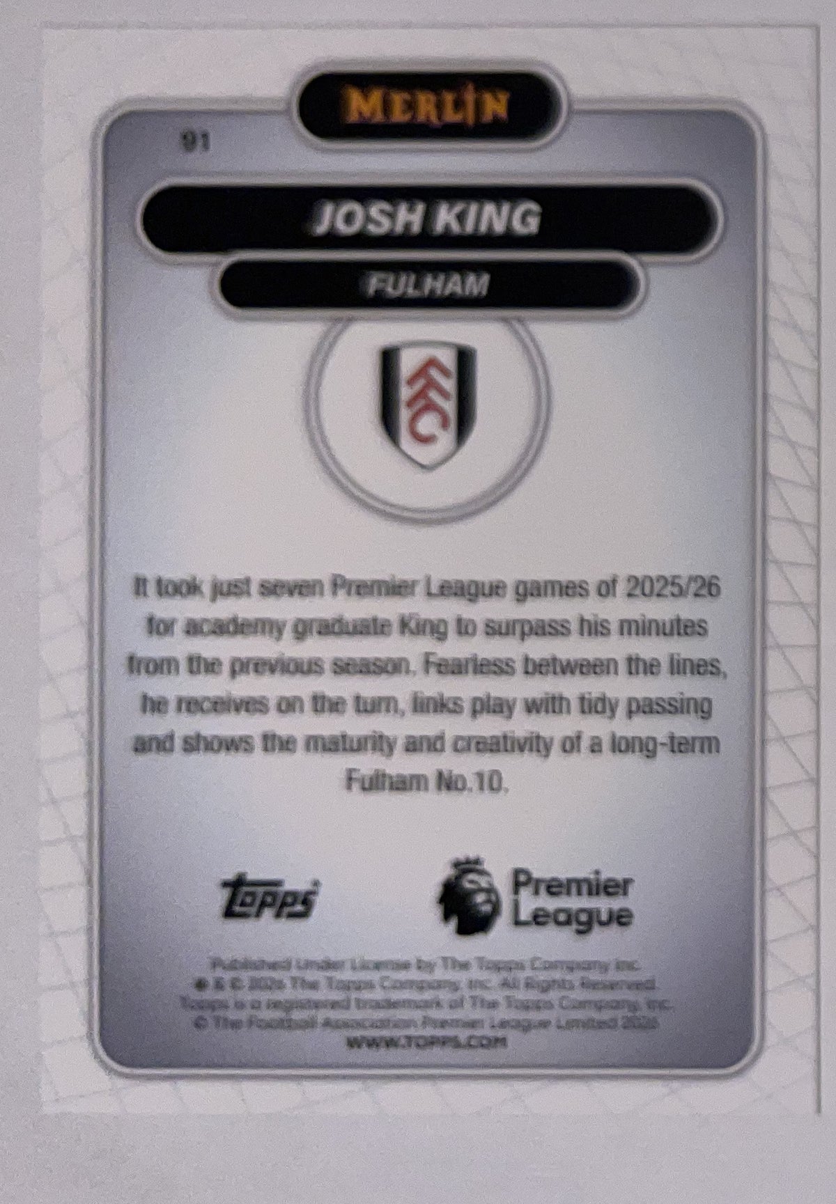 Achterzijde – Josh King [91] – Topps Merlin Premier League 2025/26 – Near Mint
