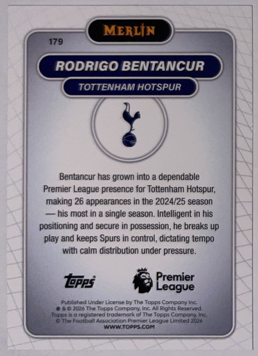 Achterzijde – Rodrigo Bentancur [179] – Topps Merlin Premier League 2025/26 – Near Mint