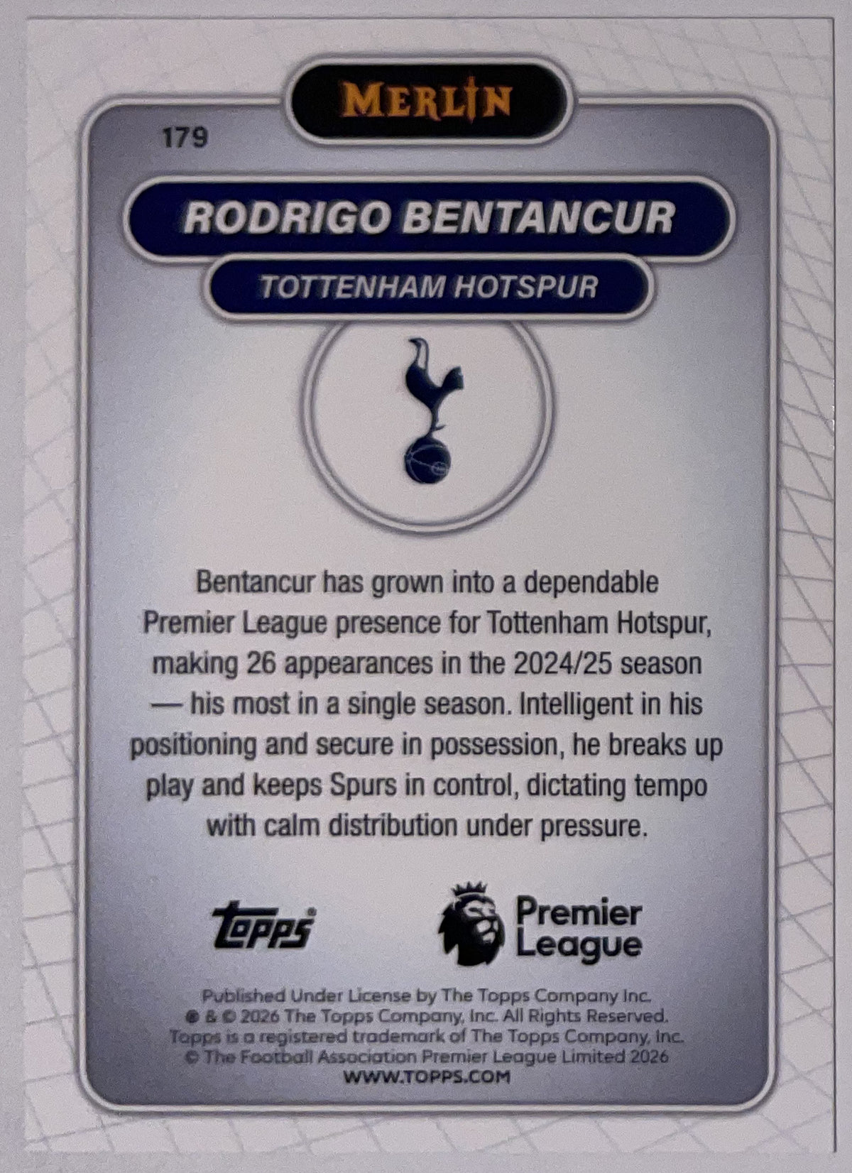 Achterzijde – Rodrigo Bentancur [179] – Topps Merlin Premier League 2025/26 – Near Mint