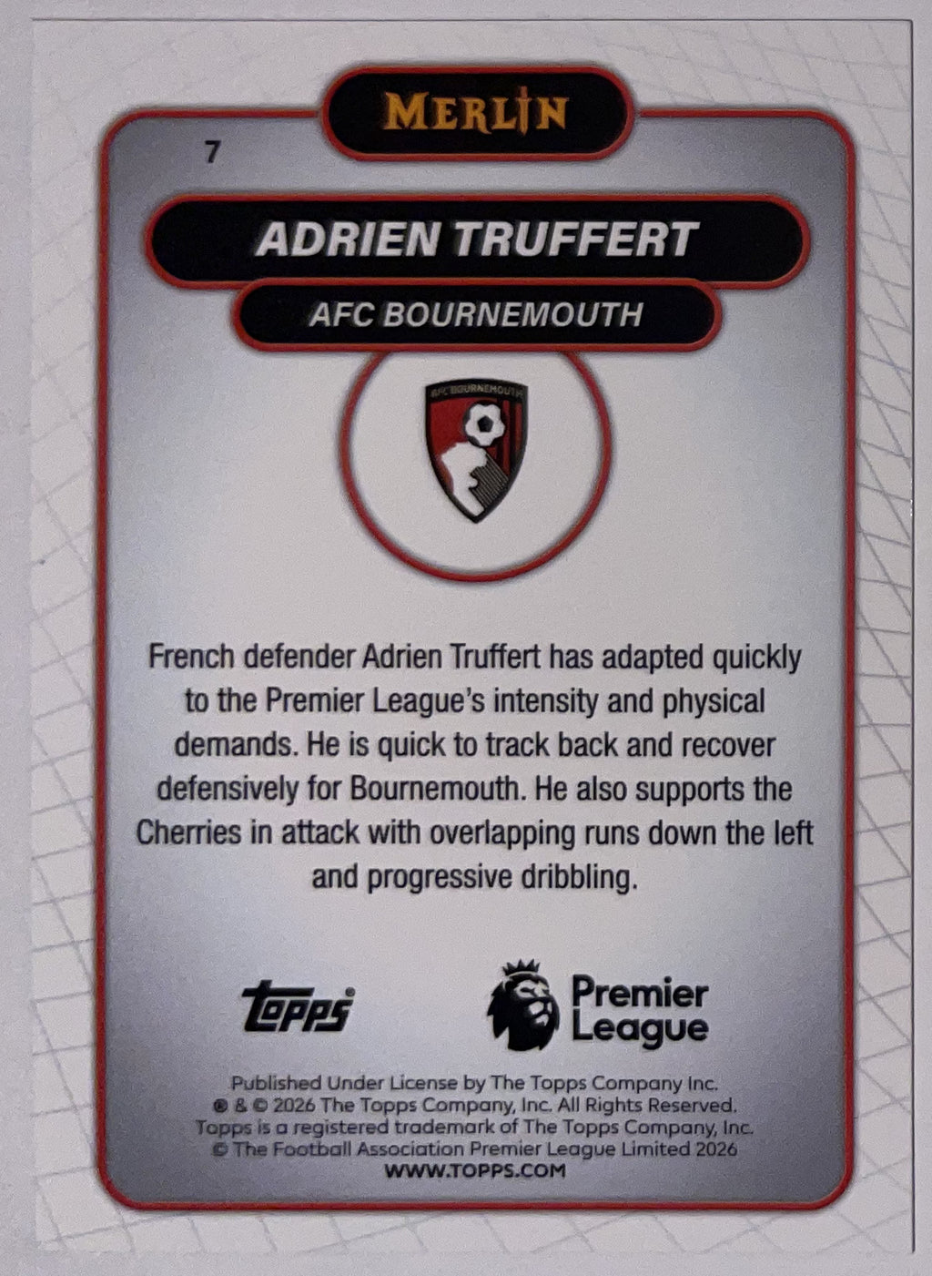 Achterzijde – Adrien Truffert [7] – Topps Merlin Premier League 2025/26 – Near Mint