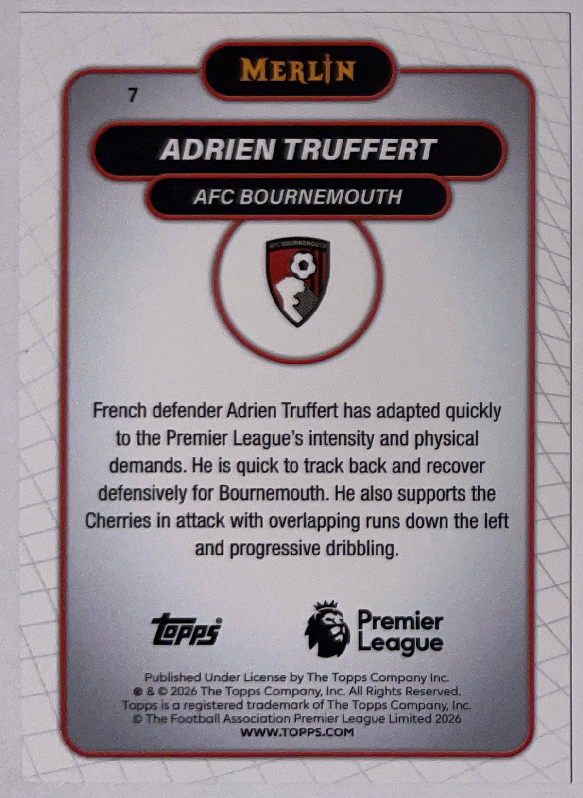 Achterzijde – Adrien Truffert [7] – Topps Merlin Premier League 2025/26 – Near Mint