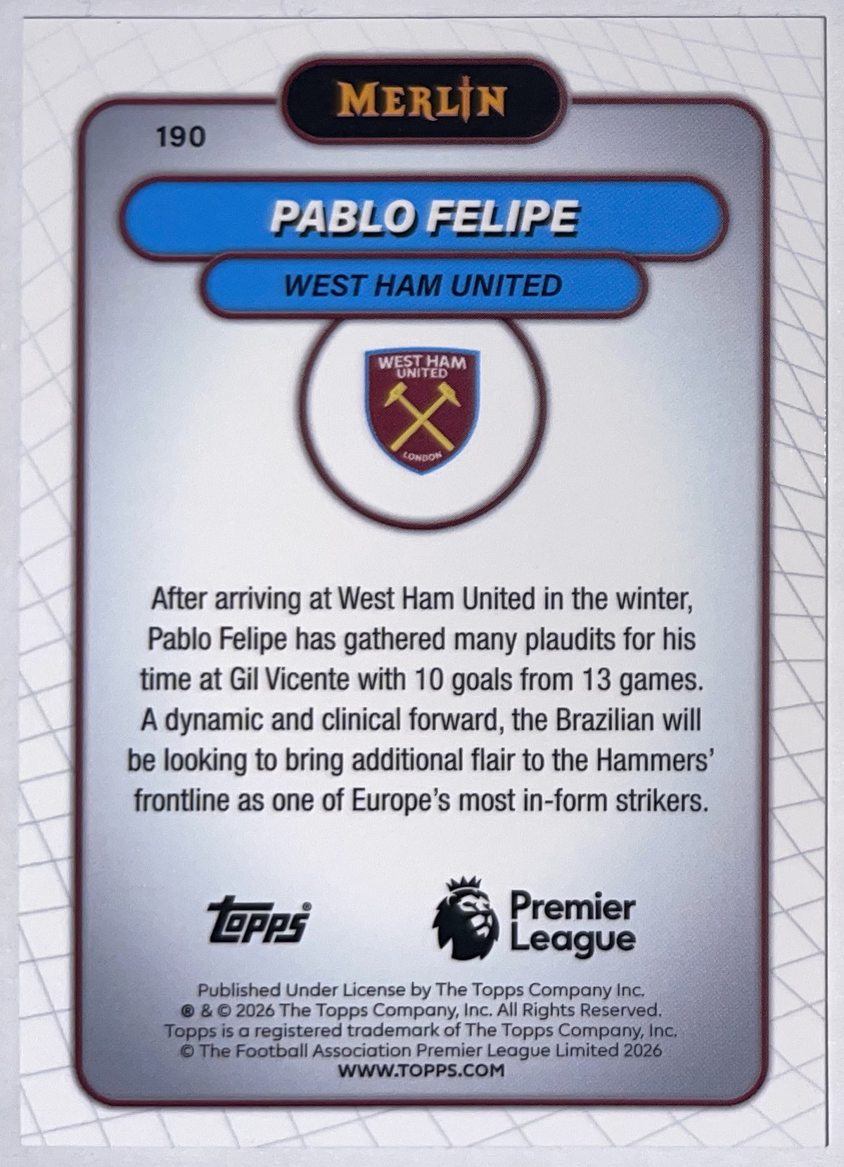 Achterzijde – Pablo Felipe [190] – Topps Merlin Premier League 2025/26 – Near Mint